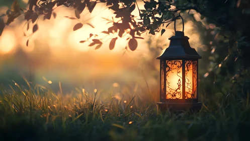 Glowing garden lantern casting warm light at sunset.