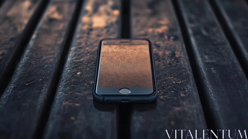 Smartphone on weathered wooden plank surface.