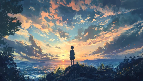 Backlit child silhouette observing high-saturation panoramic sunset