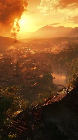 Burning valley city under blazing golden sunset sky.