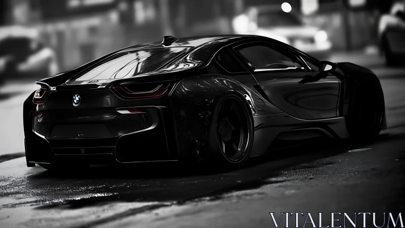 Black BMW sports coupe glows under wet neon streets.
