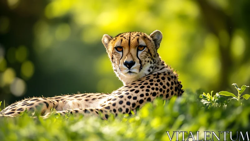 Cheetah resting in sunlit grass with vivid green bokeh background.