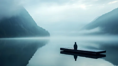 Solitude wrapped in lake-mist on a drifting wooden raft.