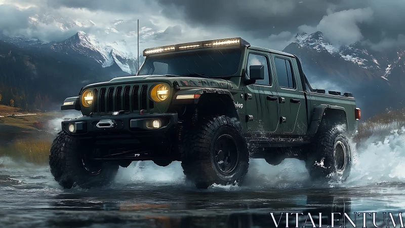 Off-road pickup traverses shallow water with high-clearance suspension