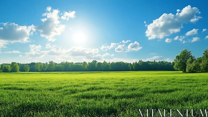Wide-angle sunlit meadow shows high-saturation greens and sharp horizon