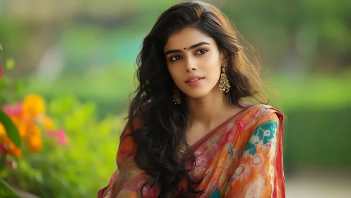 Portrait shows woman in patterned sari against blurred foliage