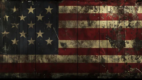 Weathered American flag mural with distressed rustic texture.