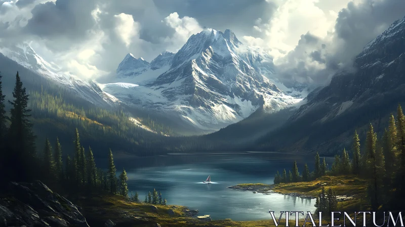 Tranquil sailboat drifting beneath towering alpine peaks.