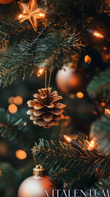 Glittered pinecone dreams amid amber Christmas tree lights.