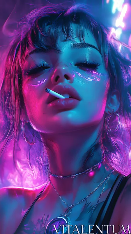Neon-lit girl exhales smoke under electric cyberpunk glow.