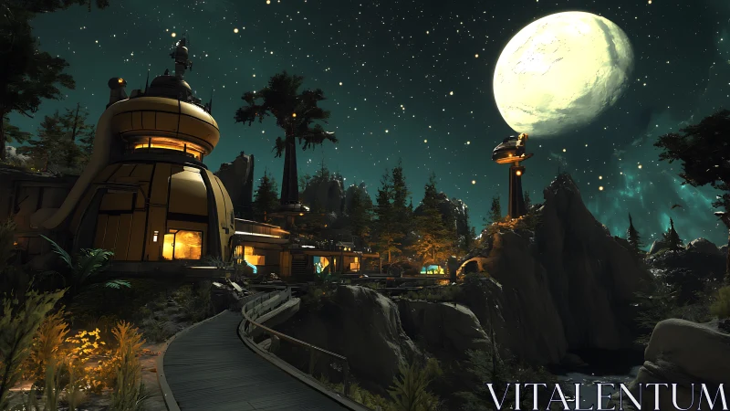 Cozy moonlit forest outpost glowing beneath a starry sky.