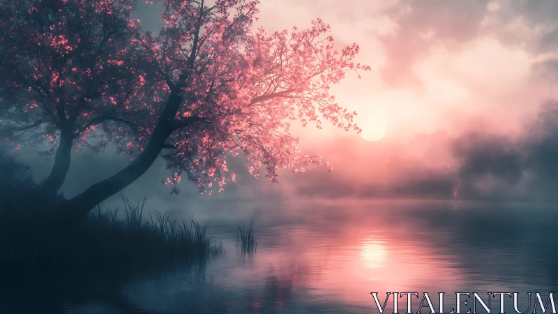 Mist-veiled lakeside cherry trees in diffused pink sunrise glow