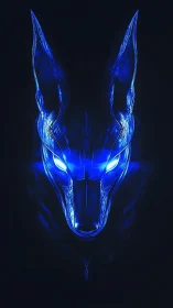 Neon jackal deity mask in electric blue holographic glow.