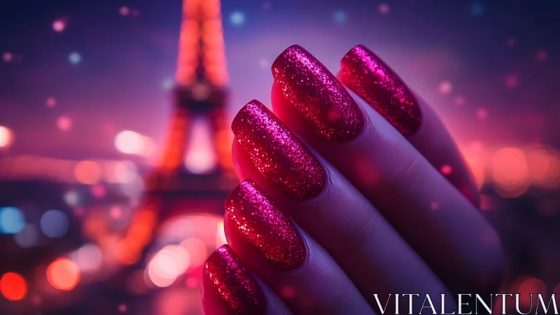 Glittering magenta nails glowing under dreamy city lights.