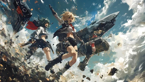 Dynamic anime mecha strike team descending through debris field