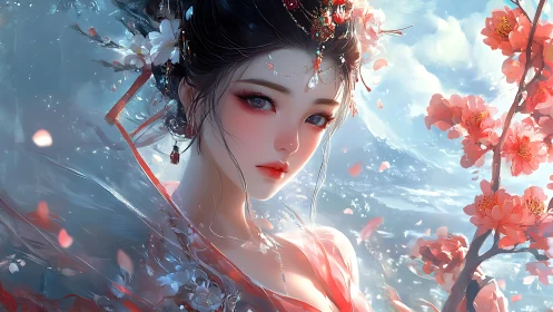 Ethereal blossom maiden amid swirling cyan winds.