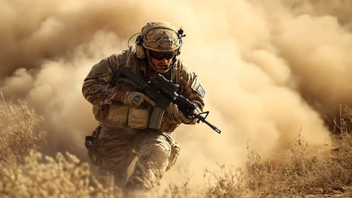 Combat soldier advances through desert dust under fire.