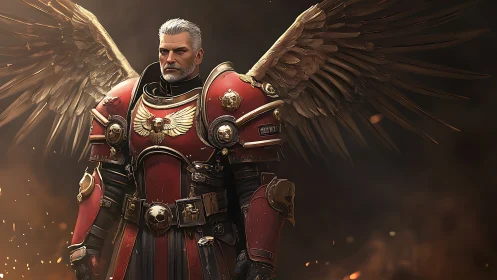 Winged paladin in crimson power armor stands in burning gloom.