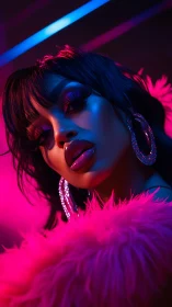 Neon lit glam portrait with bold makeup and sequins.