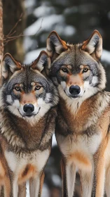 Two winter wolves stand close together in quiet forest calm