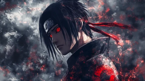 Red-eyed anime warrior in swirling ash and crimson embers