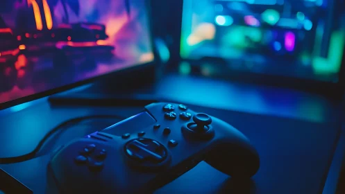 Cyberpunk gaming controller on neon-lit desktop workstation.