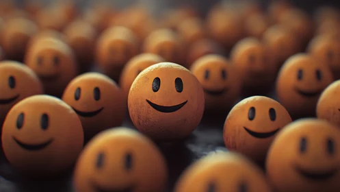 Smiling sphere stands bold amid a dreamy emoji crowd.