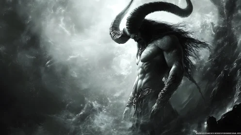 Horned demon warlord emerges through storming monochrome void.