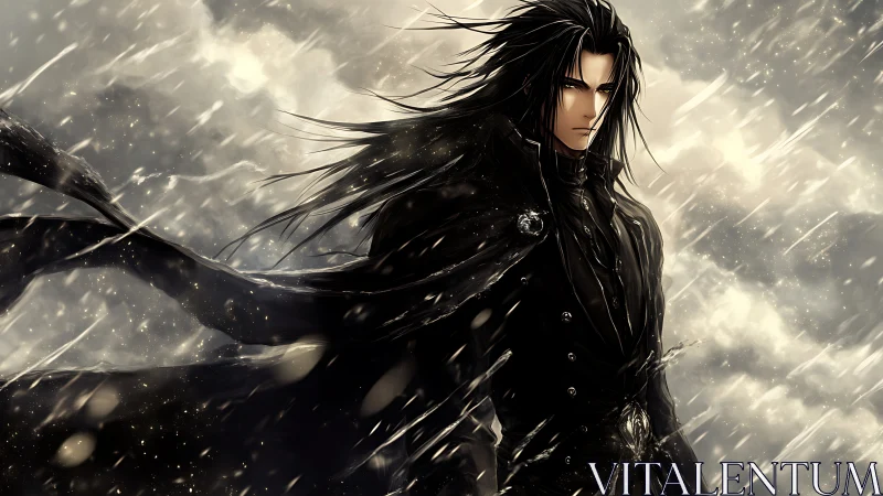 Dark clad male figure stands in storm with wind‑blown coat