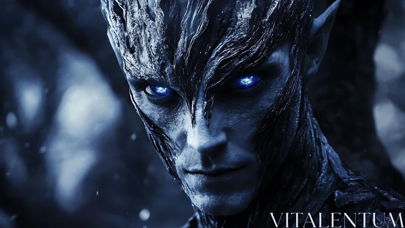Frozen alien warlord portrait with glowing sapphire eyes.