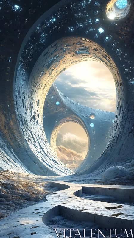 Futuristic arched tunnel frames luminous alien horizon sky