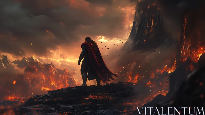 Armored warrior surveys volcanic battlefield in dramatic backlight