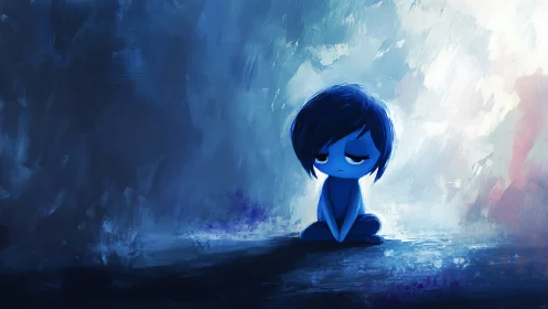 Blue character sits centered in a textured abstract environment