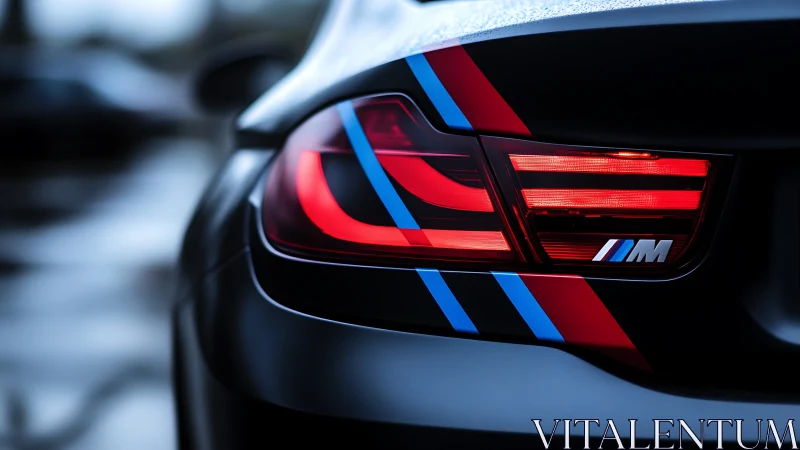 Rear BMW M taillight glows with red LED illumination at dusk