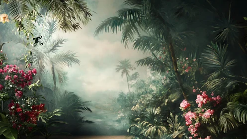 Lush tropical jungle mural with misty river perspective.