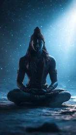 Blue-toned seated yogic figure in cross-legged posture.