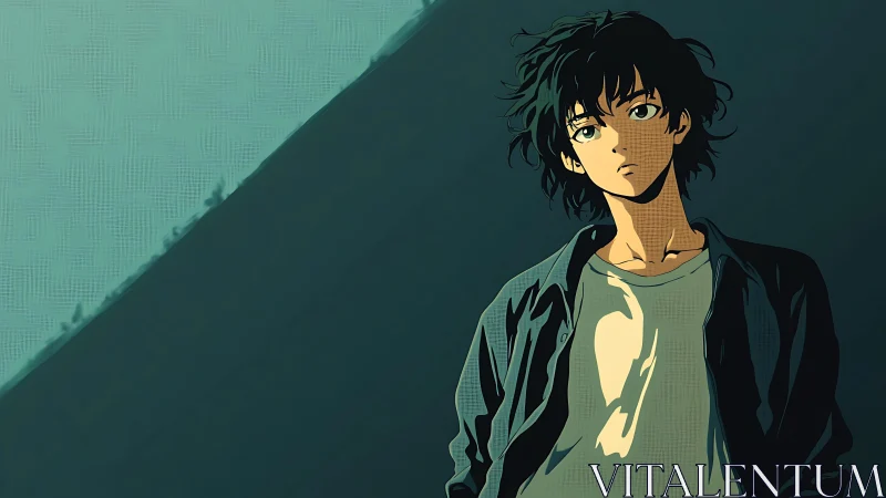 Thoughtful anime teen under strong diagonal shadow.