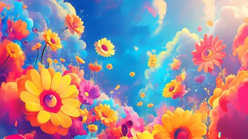 Chromatic floral composition with densely arranged flowers against gradient sky background.