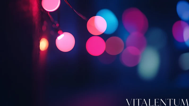 Pink and blue string lights glowing against dark background.