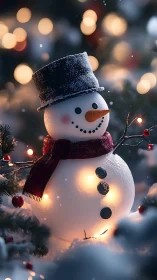 Illuminated snowman sculpture with bokeh lights in winter garden