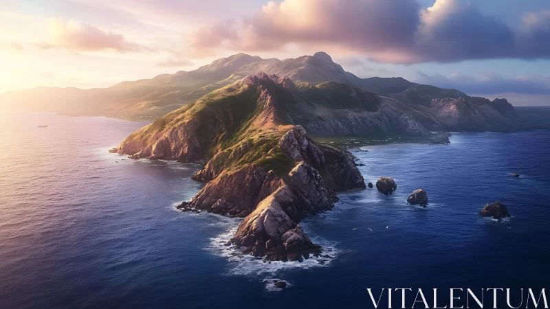 Volcanic island peninsula rises from deep blue ocean water