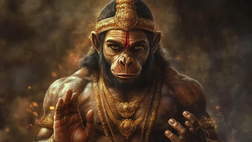 Divine simian warrior in ornate gold regalia, smoky aura.