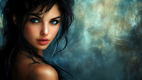 Sea-glass eyes hold storms against a ghosted teal horizon