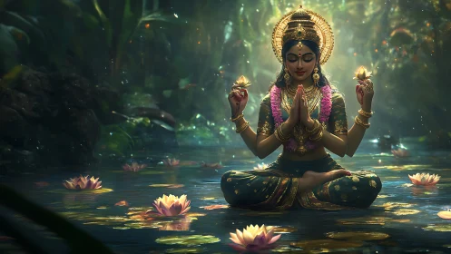 Four-armed figure meditating on lotus-filled forest pool.