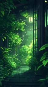 Verdant corridor renders soft volumetric light and foliage depth