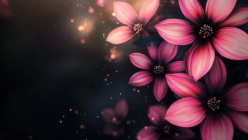 Pink Cosmos Flowers Against Dark Background.