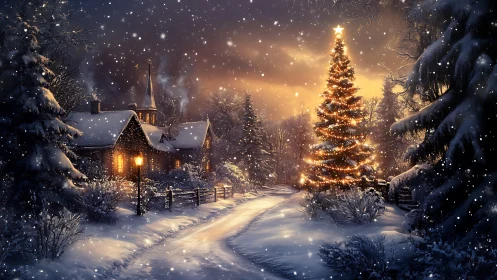 Snow-covered village lane frames illuminated outdoor tree