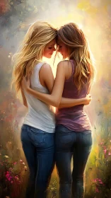 Two women embrace in warm golden light surrounded by flowers.