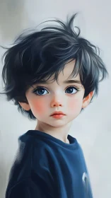 Young Boy with Tousled Black Hair and Serene Blue Eyes.