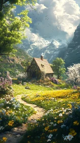 Mountain valley cottage stands amid dense spring wildflower field